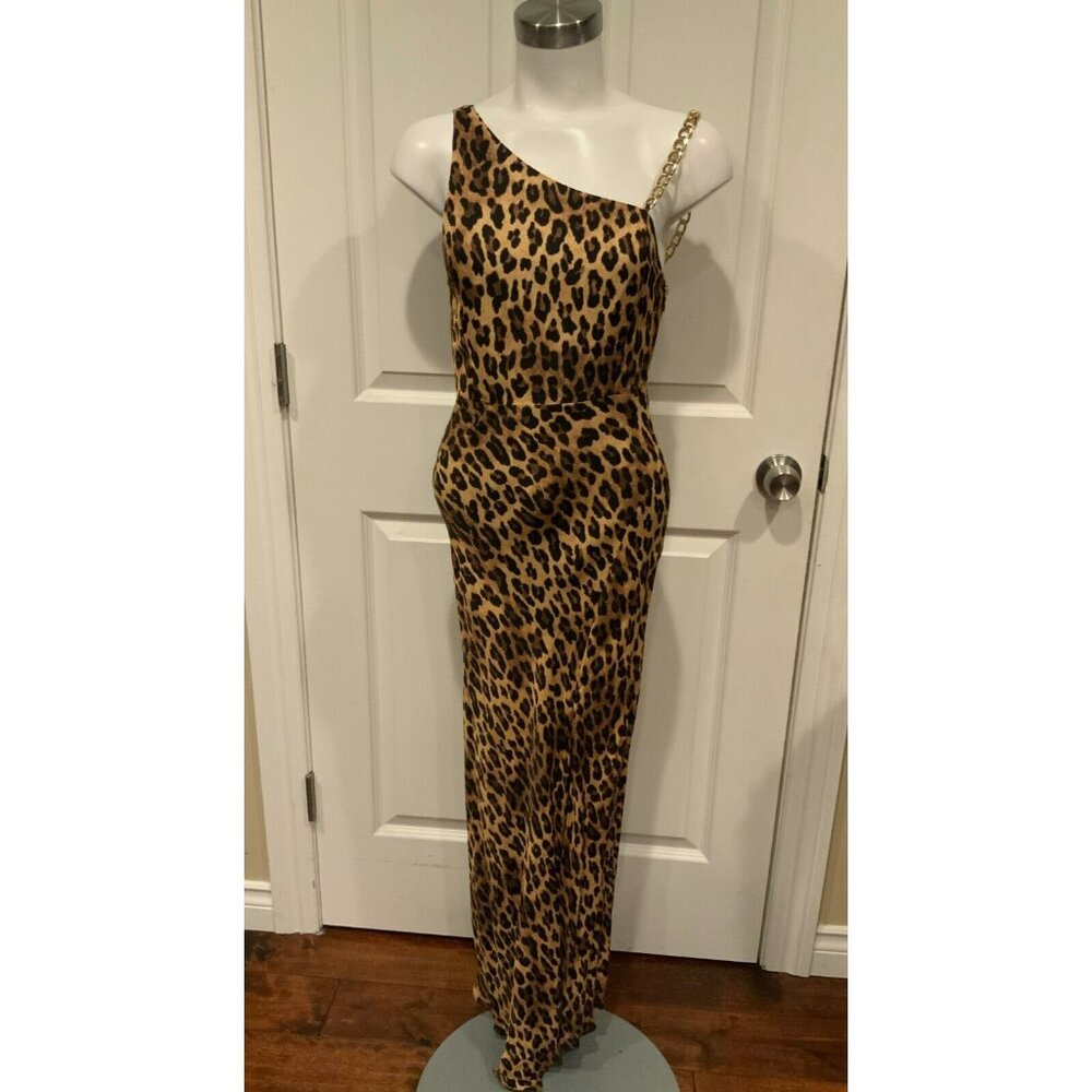 Alice + Olivia Brown Leopard Print One Shoulder Harmony Dress Gold Chain, Size 0